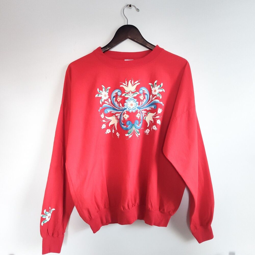 Vintage T-Shirt USA 90s Large Flower Floral Design Gerda‎ Art Long Sleeve Red